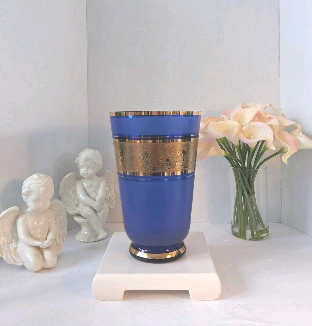 MCM Cristallerie Italiane Cobalt Blue Glass Vase 24K Gold Gilt Frieze;ITALY🇮🇹